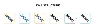 DNA yapısı vektör simgesi 6 farklı modern stilde. Siyah, iki renkli DNA yapı simgesi doldurulmuş, ana hatları çizilmiş, çizgi ve vuruş stiliyle tasarlanmış. Vektör illüstrasyonu ağ, mobil, ui için kullanılabilir