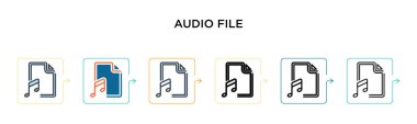 6 farklı modern stilde ses dosyası vektör simgesi. Siyah, iki renkli ses dosyası simgesi doldurulmuş, ana hatları çizilmiş, çizgi ve vuruş stiliyle tasarlanmış. Vektör illüstrasyonu ağ, mobil, ui için kullanılabilir