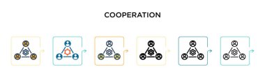 6 farklı modern stilde işbirliği vektör simgesi. Siyah, doldurulmuş, ana hatları çizilmiş, çizgi ve vuruş stiliyle tasarlanmış iki renkli işbirliği simgesi. Vektör illüstrasyonu ağ, mobil, ui için kullanılabilir