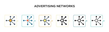 Reklam ağları vektör simgesi 6 farklı modern stilde. Siyah, iki renkli reklam ağı ikonu doldurulmuş, ana hatları çizilmiş, çizgi ve vuruş stiliyle dizayn edilmiş. Vektör illüstrasyonu kullanılabilir 