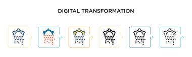 6 farklı modern stilde dijital dönüşüm vektör simgesi. Siyah, iki renkli dijital dönüşüm simgesi doldurulmuş, ana hatları çizilmiş, çizgi ve vuruş stiliyle dizayn edilmiş. Vektör illüstrasyonu kullanılabilir