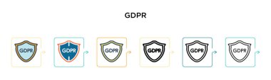 Gdpr vektör simgesi 6 farklı modern stilde. Siyah, doldurulmuş, ana hatları çizilmiş, çizgi ve vuruş stiliyle dizayn edilmiş iki renkli GDPR simgesi. Vektör illüstrasyonu ağ, mobil, ui için kullanılabilir