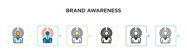 6 farklı modern stilde marka farkındalık vektör simgesi. Siyah, iki renkli marka farkındalık simgesi doldurulmuş, ana hatları çizilmiş, çizgi ve vuruş stiliyle tasarlanmış. Vektör illüstrasyonu ağ ve mobil için kullanılabilir, 