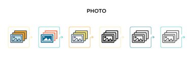 Altı farklı modern stilde fotoğraf vektör simgesi. Siyah, doldurulmuş, ana hatları çizilmiş, çizgi ve vuruş stiliyle dizayn edilmiş iki renkli fotoğraf ikonu. Vektör illüstrasyonu ağ, mobil, ui için kullanılabilir