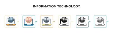 Bilgi teknolojisi vektör simgesi 6 farklı modern stilde. Siyah, iki renkli bilgi teknolojisi ikonu doldurulmuş, ana hatları çizilmiş, çizgi ve vuruş stiliyle tasarlanmış. Vektör illüstrasyonu kullanılabilir