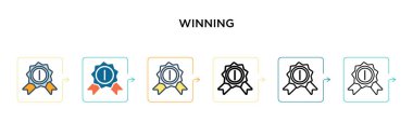 6 farklı modern stilde vektör ikonu kazanmak. Siyah, doldurulmuş, ana hatları çizilmiş, çizgi ve vuruş stiliyle dizayn edilmiş iki renkli kazanan ikon. Vektör illüstrasyonu ağ, mobil, ui için kullanılabilir