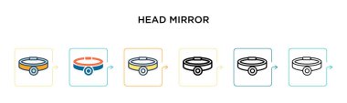 6 farklı modern stilde kafa aynası vektör simgesi. Siyah, doldurulmuş, ana hatları çizilmiş, çizgi ve vuruş stiliyle dizayn edilmiş iki renkli ayna ikonu. Vektör illüstrasyonu ağ, mobil, ui için kullanılabilir
