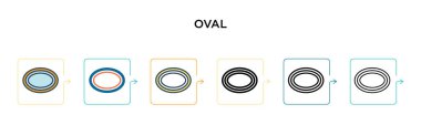 Oval vektör simgesi 6 farklı modern stilde. Siyah, iki renkli oval simge. Doldurulmuş, ana hatları çizilmiş, çizgi ve vuruş stiliyle tasarlanmış. Vektör illüstrasyonu ağ, mobil, ui için kullanılabilir