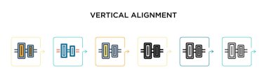 Dikey hizalama vektör simgesi 6 farklı modern stilde. Siyah, iki renkli dikey hizalama simgesi doldurulmuş, ana hatlı, çizgi ve vuruş tarzında dizayn edilmiş. Vektör illüstrasyonu ağ için kullanılabilir, 