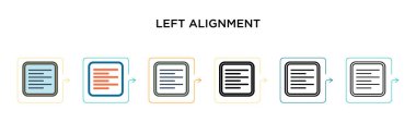 Sol hizalama vektör simgesi 6 farklı modern stilde. Siyah, iki renkli sol hizalama simgesi doldurulmuş, ana hatları çizilmiş, çizgi ve vuruş stiliyle dizayn edilmiş. Vektör illüstrasyonu ağ, mobil, ui için kullanılabilir