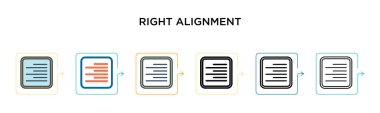 6 farklı modern stilde sağ hizalama vektör simgesi. Siyah, iki renkli sağ hizalama simgesi doldurulmuş, ana hatları çizilmiş, çizgi ve vuruş stiliyle dizayn edilmiş. Vektör illüstrasyonu ağ ve mobil için kullanılabilir, 