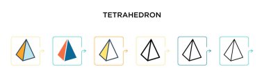 6 farklı modern stilde Tetrahedron vektör simgesi. Siyah, iki renkli dörtyüzlü simge doldurulmuş, ana hatları çizilmiş, çizgi ve vuruş stiliyle dizayn edilmiş. Vektör illüstrasyonu ağ, mobil, ui için kullanılabilir