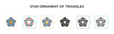 Üçgen vektör ikonunun yıldız süslemesi 6 farklı modern stilde. Siyah, üçgen ikonlarının iki renkli yıldız süsü doldurulmuş, ana hatları çizilmiş, çizgi ve çizgi şeklinde dizayn edilmiş. Vektör illüstrasyonu 