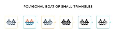 Küçük üçgen vektör ikonunun poligonal teknesi 6 farklı modern stilde. Siyah, iki renkli çokgen tekne, doldurulmuş, ana hatları çizilmiş, çizgi ve vuruş stiliyle dizayn edilmiş küçük üçgen ikonlar. Vektör 