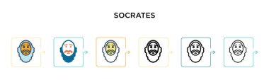 Sokrates vektör simgesi 6 farklı modern stilde. Siyah, iki renkli Socrates simgesi doldurulmuş, ana hatları çizilmiş, çizgi ve vuruş stiliyle tasarlanmış. Vektör illüstrasyonu ağ, mobil, ui için kullanılabilir