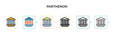 Partenon vektör simgesi 6 farklı modern stilde. Siyah, iki renkli partenon simgesi. Doldurulmuş, ana hatlı, çizgi ve vuruş stiliyle dizayn edilmiş. Vektör illüstrasyonu ağ, mobil, ui için kullanılabilir