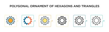 Altıgenlerin çokgen süsü ve 6 farklı modern stilde üçgen vektör ikonu. Siyah, altıgenlerin ve üçgenlerin iki renkli çokgen süslemesi. Doldurulmuş, çizilmiş, çizilmiş ve çizilmiş simgeler. 