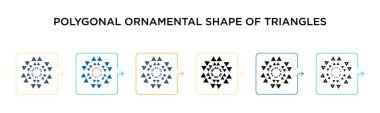 Üçgen vektör ikonunun 6 farklı modern tarzda çokgen süslemeli şekli. Siyah, üçgenlerin iki renkli çokgen süslemeli simgeleri doldurulmuş, ana hatları, çizgi ve vuruş stili ile dizayn edilmiş. 