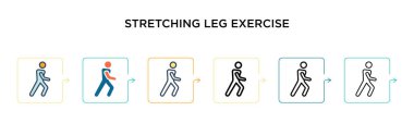 6 farklı modern stilde bacak egzersizi vektör simgesi. Siyah, iki renkli bacak egzersizi ikonu doldurulmuş, ana hatları çizilmiş, çizgi ve vuruş stiliyle tasarlanmış. Vektör illüstrasyonu kullanılabilir 