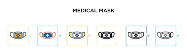 Tıbbi maske vektör simgesi 6 farklı modern stilde. Siyah, iki renkli tıbbi maske ikonu, doldurulmuş, ana hatları çizilmiş, çizgi ve vuruş stiliyle dizayn edilmiş. Vektör illüstrasyonu ağ, mobil, ui için kullanılabilir