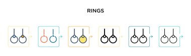 Altı farklı modern stilde halka vektör simgesi. Siyah, doldurulmuş, ana hatları çizilmiş, çizgi ve vuruş stiliyle dizayn edilmiş iki renkli halka simgesi. Vektör illüstrasyonu ağ, mobil, ui için kullanılabilir
