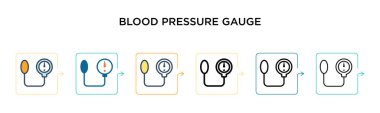 Kan basıncı göstergesi vektör simgesi 6 farklı modern stilde. Siyah, iki renkli tansiyon ölçer ikonu doldurulmuş, ana hatları çizilmiş ve vuruş stiliyle dizayn edilmiş. Vektör illüstrasyonu kullanılabilir 