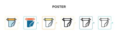 6 farklı modern stilde poster vektör simgesi. Siyah, doldurulmuş, ana hatları çizilmiş, çizgi ve vuruş stiliyle tasarlanmış iki renkli poster simgesi. Vektör illüstrasyonu ağ, mobil, ui için kullanılabilir