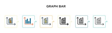 Grafik çubuğu vektör simgesi 6 farklı modern stilde. Siyah, iki renkli grafik çubuğu simgesi doldurulmuş, ana hatları çizilmiş, çizgi ve vuruş stili. Vektör illüstrasyonu ağ, mobil, ui için kullanılabilir