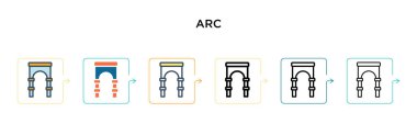 Ark vektör simgesi 6 farklı modern stilde. Siyah, iki renkli yay simgesi. Doldurulmuş, ana hatları çizilmiş, çizgi ve çizgi şeklinde dizayn edilmiş. Vektör illüstrasyonu ağ, mobil, ui için kullanılabilir