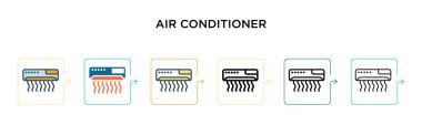 6 farklı modern stilde klima vektör simgesi. Siyah, iki renkli klima ikonu doldurulmuş, ana hatları çizilmiş, çizgi ve vuruş stiliyle dizayn edilmiş. Vektör illüstrasyonu ağ ve mobil için kullanılabilir, 