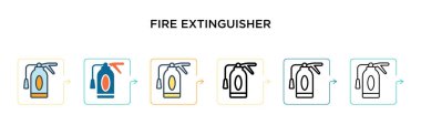 6 farklı modern tarzda yangın söndürücü vektör ikonu. Siyah, iki renkli yangın söndürücü ikonu doldurulmuş, ana hatları çizilmiş, çizgi ve çizgi şeklinde dizayn edilmiş. Vektör illüstrasyonu ağ için kullanılabilir, 