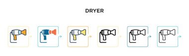 Kurutucu vektör simgesi 6 farklı modern stilde. Siyah, doldurulmuş, ana hatları çizilmiş, çizgi ve vuruş tarzında iki renkli kurutucu simgesi. Vektör illüstrasyonu ağ, mobil, ui için kullanılabilir
