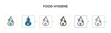 6 farklı modern tarzda gıda hijyen vektör ikonu. Siyah, iki renkli gıda hijyen ikonu doldurulmuş, ana hatları çizilmiş, çizgi ve vuruş stiliyle dizayn edilmiş. Vektör illüstrasyonu ağ, mobil, ui için kullanılabilir