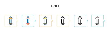 Holi vektör simgesi 6 farklı modern stilde. Siyah, iki renkli holi simgesi doldurulmuş, ana hatları çizilmiş, çizgi ve vuruş stili. Vektör illüstrasyonu ağ, mobil, ui için kullanılabilir