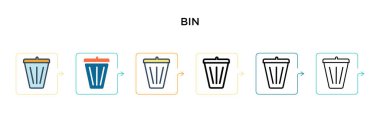 Çöp kutusu vektör simgesi 6 farklı modern stilde. Siyah, doldurulmuş, ana hatları çizilmiş, çizgi ve vuruş tarzında iki renkli çöp kutusu simgesi. Vektör illüstrasyonu ağ, mobil, ui için kullanılabilir