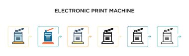 Elektronik baskı makinesi vektör simgesi 6 farklı modern stilde. Siyah, iki renkli elektronik baskı makinesi ikonu. Doldurulmuş, ana hatları çizilmiş, çizgi ve vuruş stiliyle dizayn edilmiş. Vektör illüstrasyonu kullanılabilir