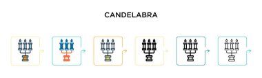 6 farklı modern tarzda şamdan vektör ikonu. Siyah, iki renkli şamdan simgesi doldurulmuş, ana hatları çizilmiş, çizgi ve vuruş stiliyle dizayn edilmiş. Vektör illüstrasyonu ağ, mobil, ui için kullanılabilir