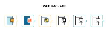 6 farklı modern stilde web paket vektör simgesi. Siyah, iki renkli web paket simgesi doldurulmuş, ana hatları çizilmiş, çizgi ve vuruş stiliyle tasarlanmış. Vektör illüstrasyonu ağ, mobil, ui için kullanılabilir