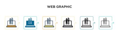 6 farklı modern stilde web grafik vektör simgesi. Siyah, iki renkli web grafik simgesi doldurulmuş, ana hatları çizilmiş, çizgi ve vuruş stiliyle tasarlanmış. Vektör illüstrasyonu ağ, mobil, ui için kullanılabilir
