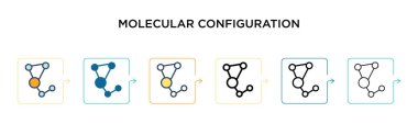 6 farklı modern stilde moleküler yapılandırma vektör ikonu. Siyah, iki renkli moleküler konfigürasyon ikonu doldurulmuş, ana hatları çizilmiş, çizgi ve vuruş stiliyle dizayn edilmiş. Vektör illüstrasyonu kullanılabilir 