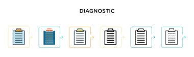 6 farklı modern stilde tanısal vektör simgesi. Siyah, doldurulmuş, ana hatları çizilmiş, çizgi ve vuruş stiliyle dizayn edilmiş iki renkli teşhis simgesi. Vektör illüstrasyonu ağ, mobil, ui için kullanılabilir