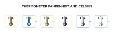 Termometre fahrenheit ve Celsius vektör ikonu 6 farklı modern stilde. Siyah, iki renkli termometre fahrenheit ve selsiyus simgeleri doldurulmuş, ana hatları, çizgi ve vuruş stiliyle dizayn edilmiş. Vektör 