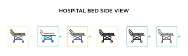 Hastane yatağı yan görünüm vektör simgesi 6 farklı modern stilde. Siyah, iki renkli hastane yatağı manzarası ikonu. Doldurulmuş, ana hatları çizilmiş, çizgi ve vuruş stiliyle dizayn edilmiş. Vektör illüstrasyonu kullanılabilir