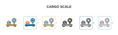 Kargo ölçekli vektör simgesi 6 farklı modern stilde. Siyah, iki renkli kargo ölçekli simge. Doldurulmuş, ana hatları çizilmiş, çizgi ve çizgi şeklinde dizayn edilmiş. Vektör illüstrasyonu ağ, mobil, ui için kullanılabilir