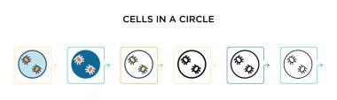 Çember vektör ikonundaki hücreler 6 farklı modern stilde. Siyah, bir daire simgesinde iki renkli hücre. Doldurulmuş, ana hatları çizilmiş, çizgi ve vuruş stiliyle dizayn edilmiş. Vektör illüstrasyonu ağ için kullanılabilir, 