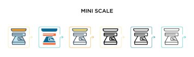 Mini ölçekli vektör simgesi, 6 farklı modern stilde. Siyah, doldurulmuş, ana hatları çizilmiş, çizgi ve vuruş stiliyle dizayn edilmiş iki renkli mini ölçek simgesi. Vektör illüstrasyonu ağ, mobil, ui için kullanılabilir