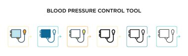 Tansiyon kontrol aracı vektör simgesi 6 farklı modern stilde. Siyah, iki renkli tansiyon kontrol aracı ikonu doldurulmuş, ana hatları çizilmiş ve vuruş tarzında dizayn edilmiş. Vektör illüstrasyonu 