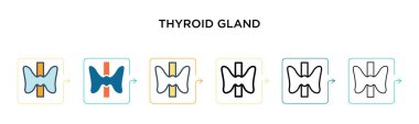 Tiroid bezi taşıyıcı ikonu 6 farklı modern stilde. Siyah, iki renkli tiroit bezi ikonu doldurulmuş, ana hatları çizilmiş, çizgi ve vuruş stiliyle dizayn edilmiş. Vektör illüstrasyonu ağ, mobil, ui için kullanılabilir