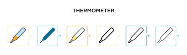 6 farklı modern tarzda termometre vektör simgesi. Siyah, iki renkli termometre simgesi doldurulmuş, ana hatları çizilmiş, çizgi ve vuruş stiliyle dizayn edilmiş. Vektör illüstrasyonu ağ, mobil, ui için kullanılabilir