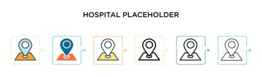 Hastanenin taşıyıcı vektör simgesi 6 farklı modern stilde. Siyah, iki renkli hastane ikonu doldurulmuş, ana hatları çizilmiş, çizgi ve vuruş stiliyle dizayn edilmiş. Vektör illüstrasyonu kullanılabilir 